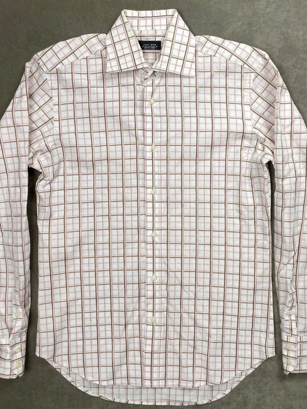 Zara Man White Pink Brown Plaid Button-Up Long Sleeve Shirt Mens 14